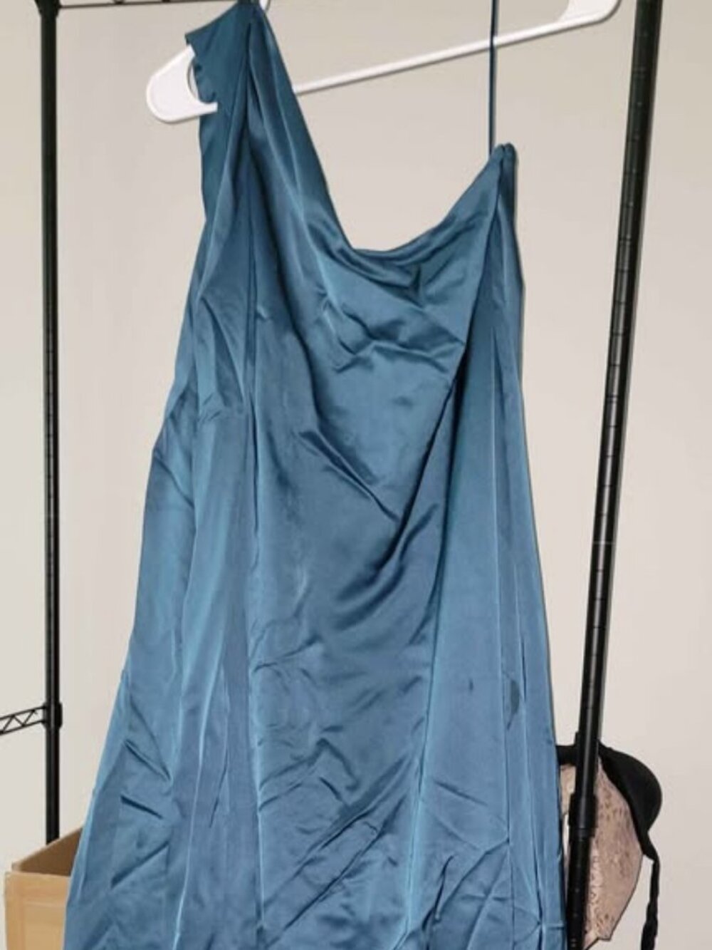 RW&CO Teal Satin Maxi Dress – Size 14 – Draped Neck